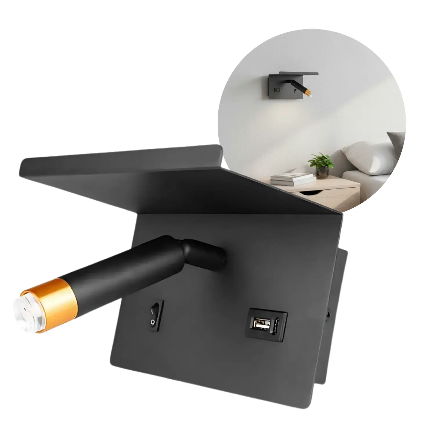 Væghængt Sengelampe Med Hylde og USB Stik - USB A+C - G9 - Messing Og Sort